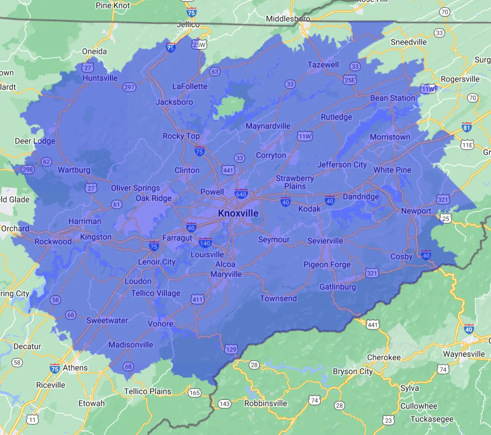 Service area of Jeff Kerber Pools: east Tennessee